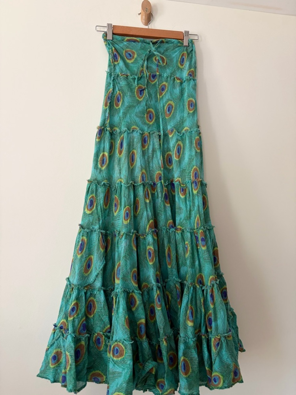 Vintage Boheian tie front Green Peacock Print Tiered Maxi Skirt/ Strapless Dress